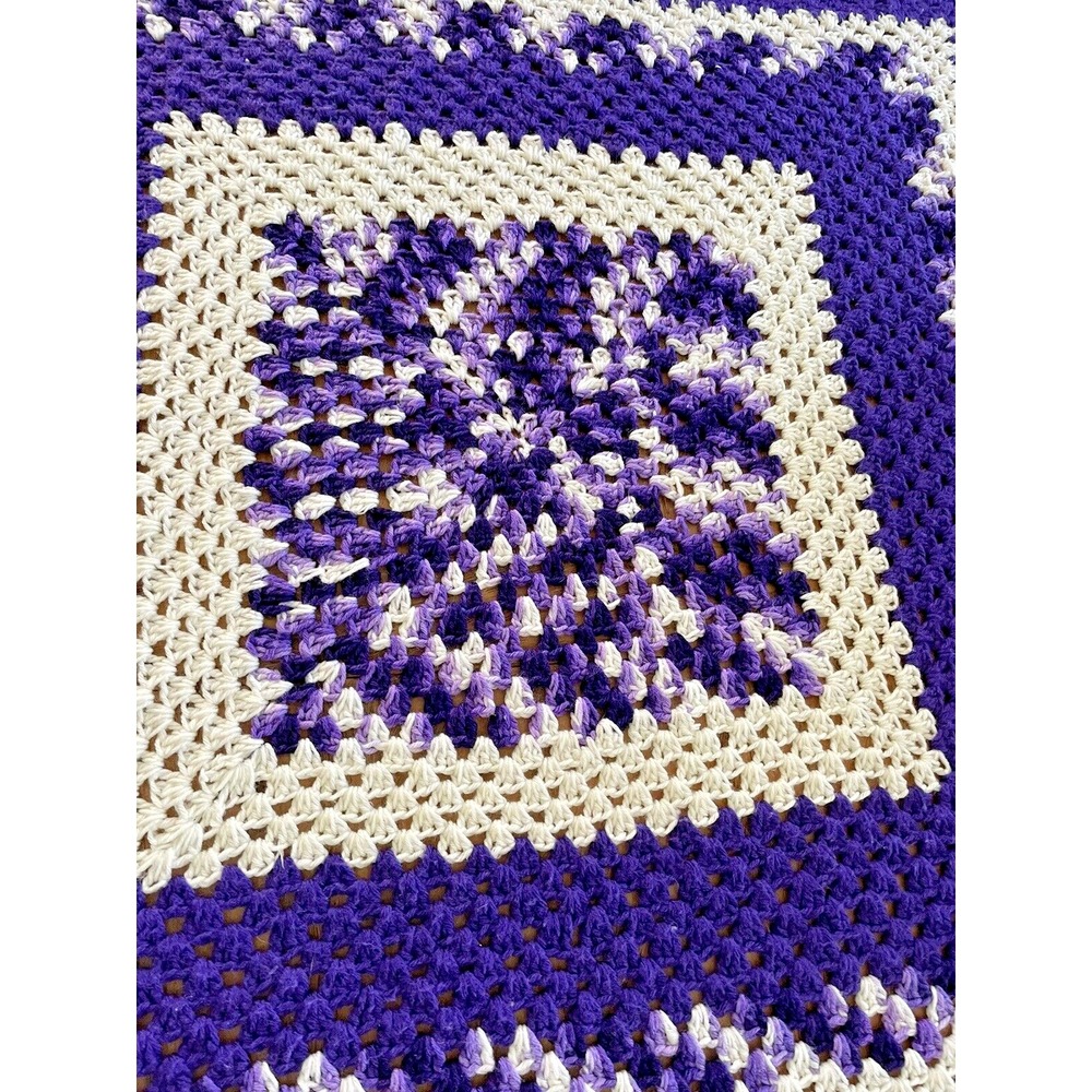 Handmade Crochet Blanket White and Purple Wool Blend Boho Cottage Square 60" - Picture 4 of 5
